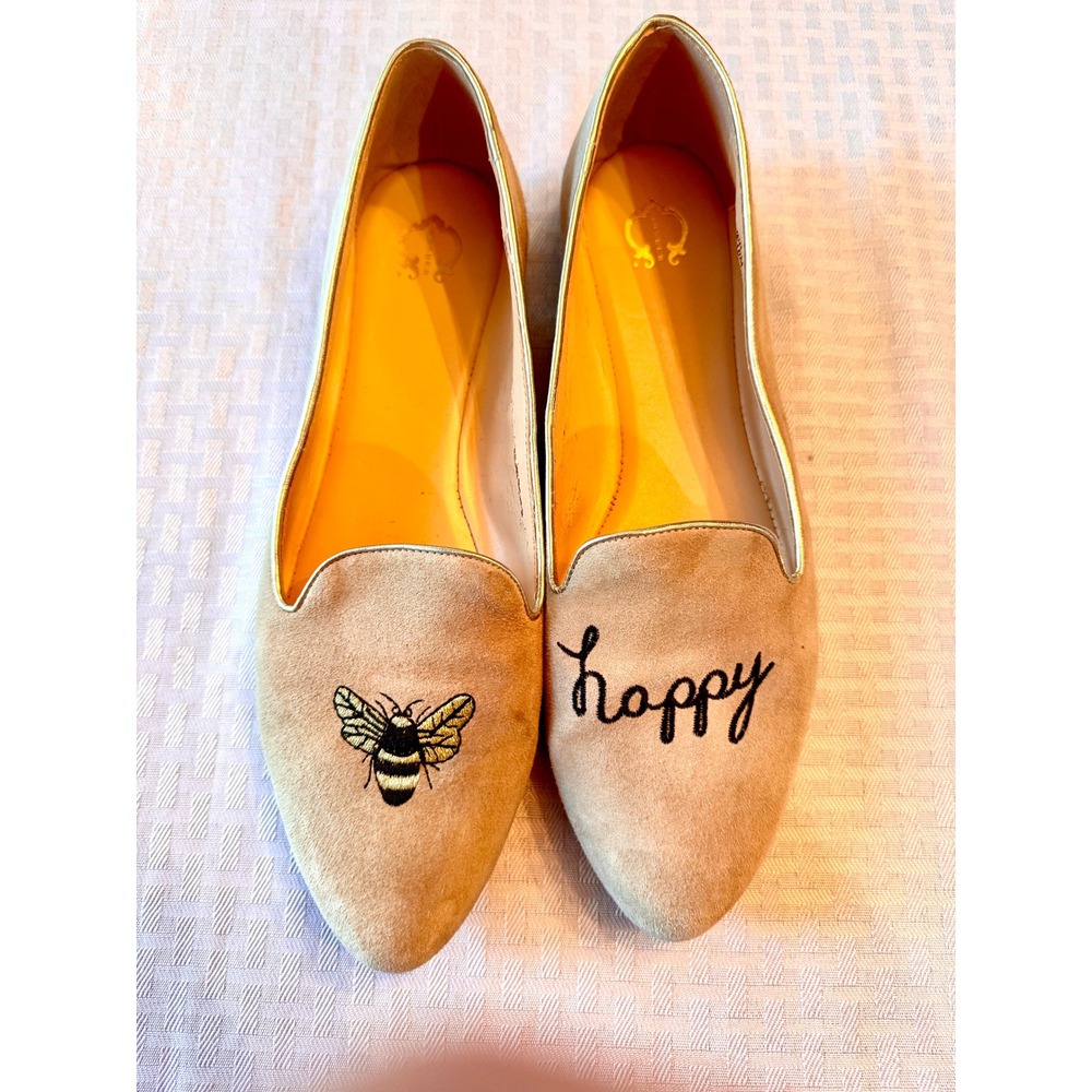 C Wonder Bee Happy Tan Suede Loafers Smoking Slippers‎ Gold Trim Womens 10M